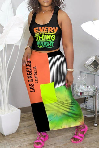 Fashion Colorful Print Vest Long Skirt Set