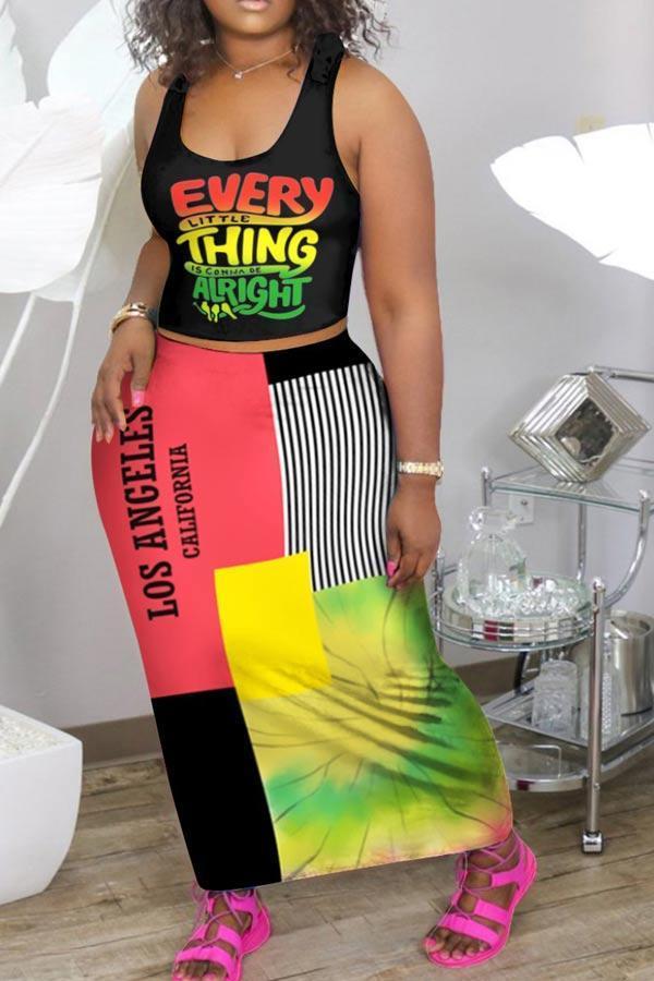 Fashion Colorful Print Vest Long Skirt Set