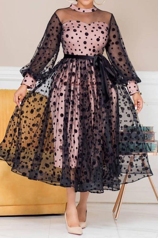 Fashion Elegant Dot Print Mesh Stitching Dress