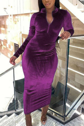 Fashion Elegant Pleuche Solid Color Mid Calf Dress