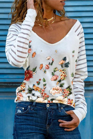 Fashion Floral Print V Neck T-Shirt