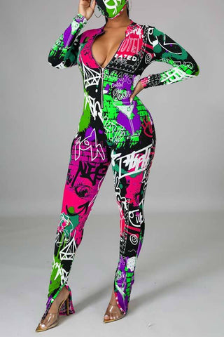 Fashion Graffiti Print Skinny Jumpsuits