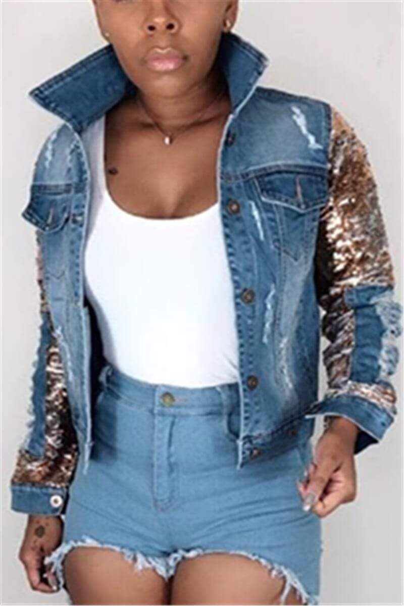 Fashion Hole Sequined Denim Coat