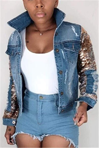 Fashion Hole Sequined Denim Coat