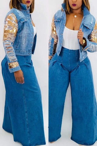 Fashion Hole Sequined Denim Coat