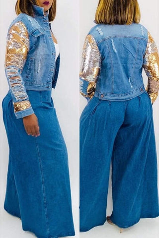 Fashion Hole Sequined Denim Coat