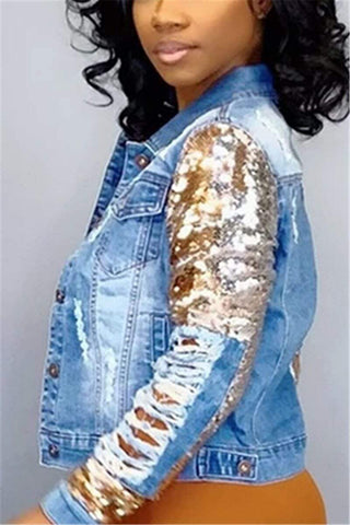 Fashion Hole Sequined Denim Coat