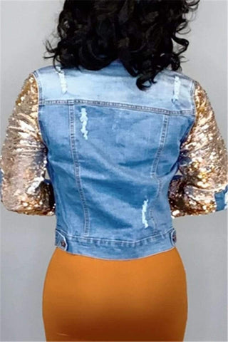 Fashion Hole Sequined Denim Coat