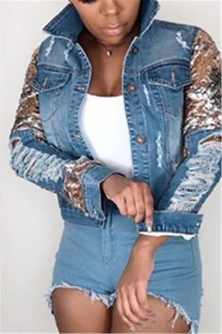 Fashion Hole Sequined Denim Coat