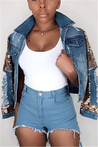 Fashion Hole Sequined Denim Coat