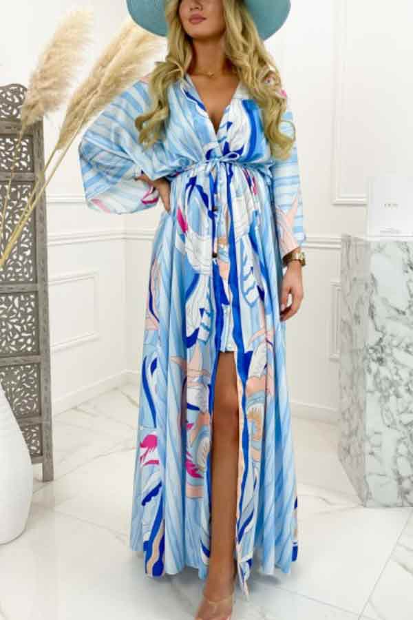 Fashion Lace-up V Neck Print Maxi Dress