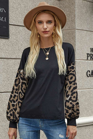 Fashion Leopard Print Lantern Sleeve Top