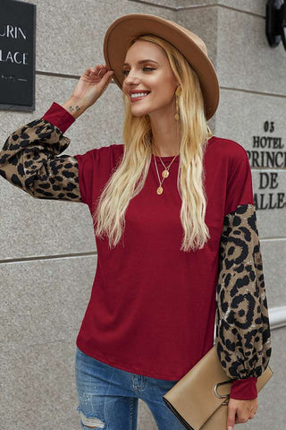 Fashion Leopard Print Lantern Sleeve Top