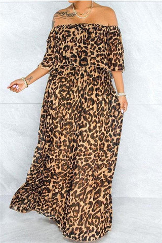 Fashion Leopard Print Off The Shoulder Loose Dress