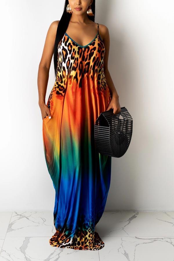 Fashion Leopard Print Pocket Maxi Dress