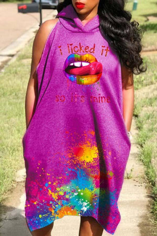 Fashion Lips Print Sleeveless Hooded Dress