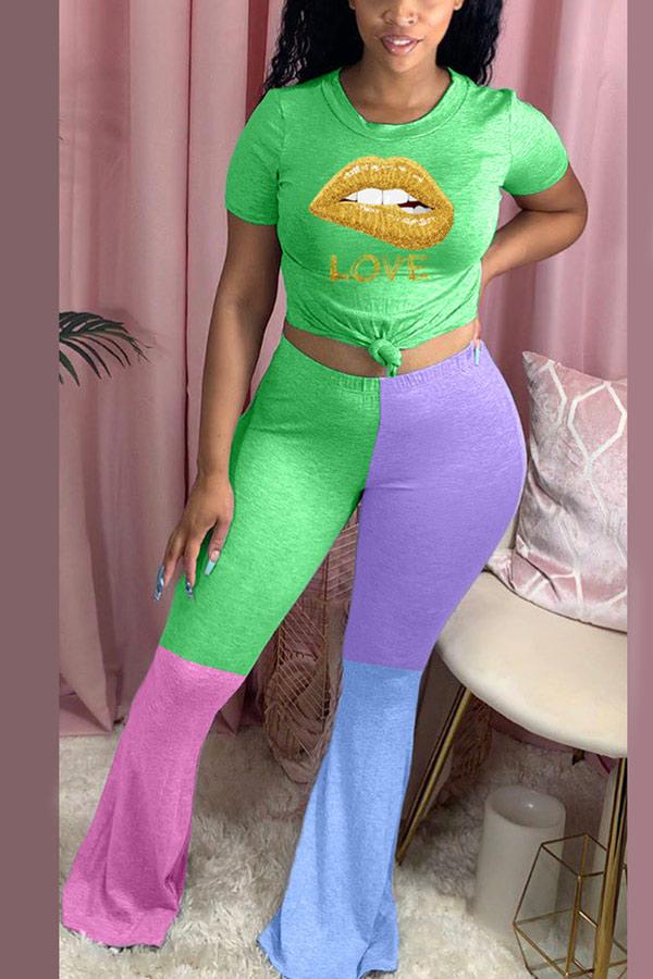 Fashion Lips Print Tops Flare Pants Set