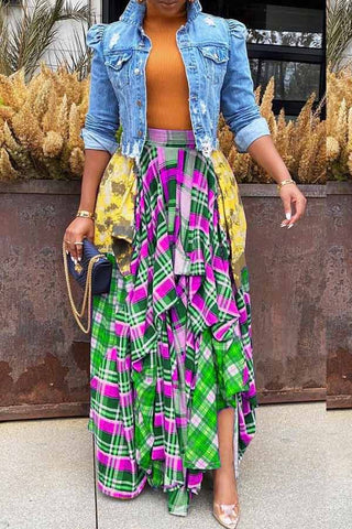 Fashion Loose Plaid Print Stitching Skirt