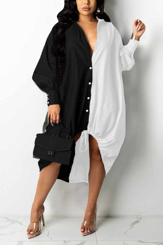 Fashion Loose Stitching Drawstring Shirt Dress