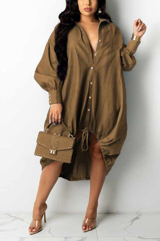 Fashion Loose Stitching Drawstring Shirt Dress