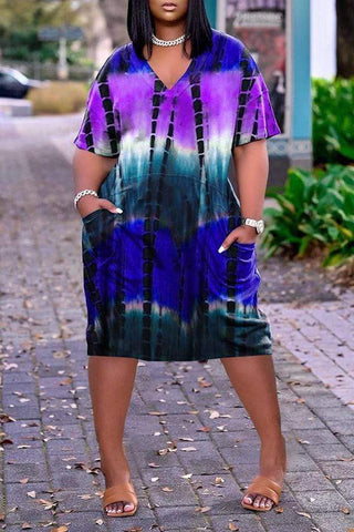 Fashion Loose Tie Dye Printed V Neck Dress