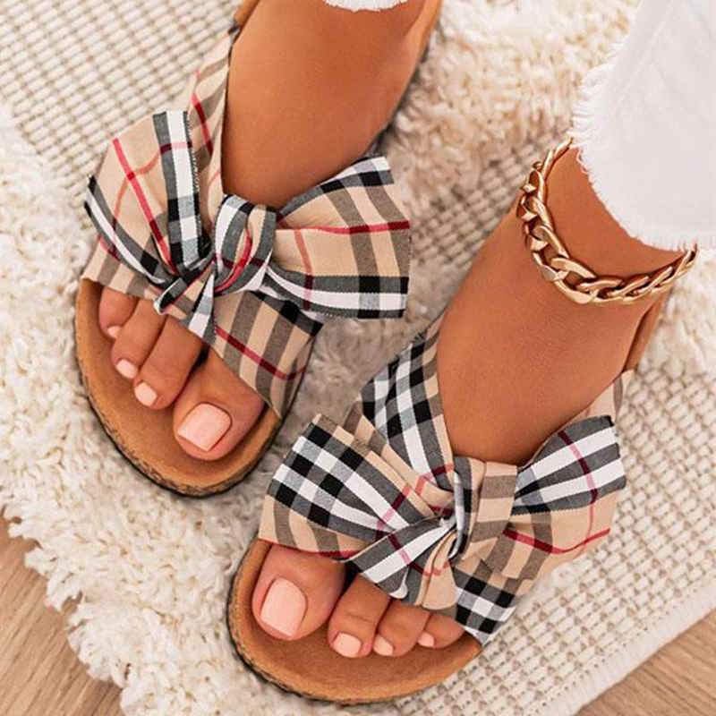 Fashion Lovely Plaid Bow Tie Slippers