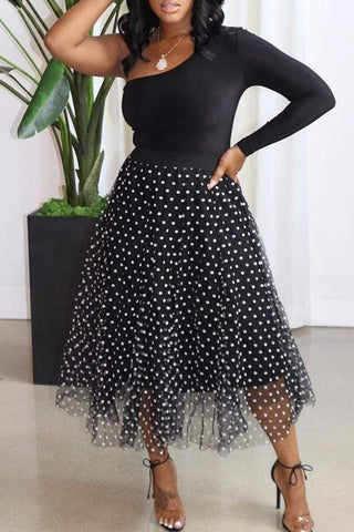 Fashion Oblique Collar Dot Print Skirts Set