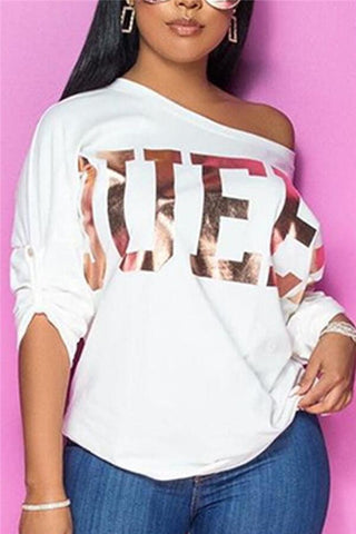 Fashion Oblique Letter Print Polyester Tops