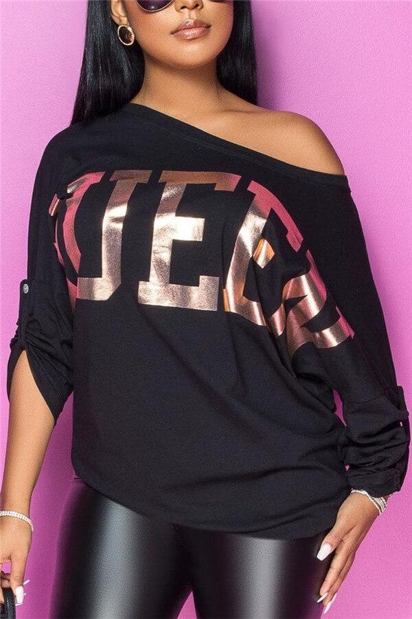 Fashion Oblique Letter Print Polyester Tops