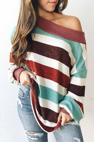 Fashion Off The Shoulder Stripe Patchwork Top