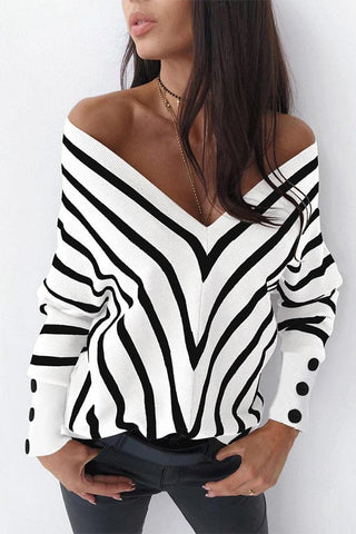Fashion Off The Shoulder Striped V-neck Sweater