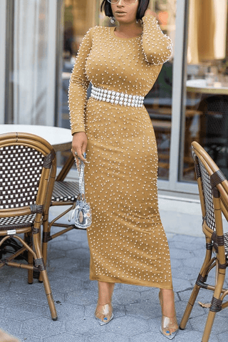 Fashion Pearl Split Long Sleeve Dress (Without Belt）