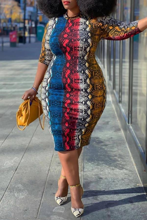 Fashion Plus Size Multicolor Long Sleeve Dress