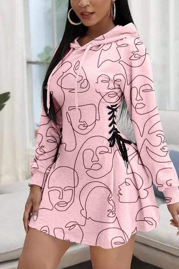 Fashion Print Design Hooded Collar Dress