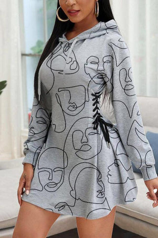 Fashion Print Design Hooded Collar Dress