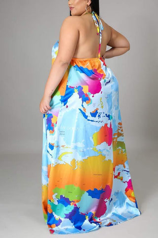 Fashion Print Halter Neck Backless Maxi Dress