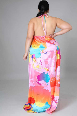 Fashion Print Halter Neck Backless Maxi Dress