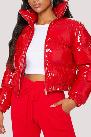 Fashion PU Puff Sleeve Solid Color Coat