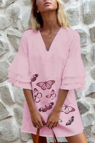 Fashion Ruffle Sleeve Butterfly Print Dress