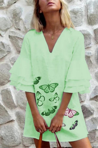 Fashion Ruffle Sleeve Butterfly Print Dress