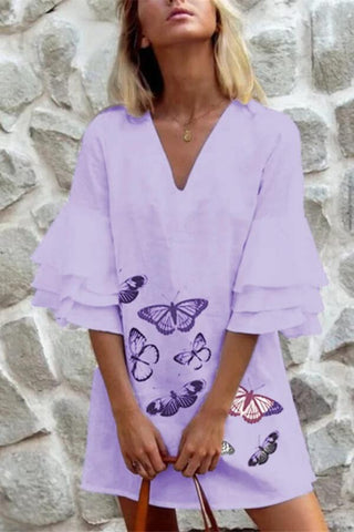 Fashion Ruffle Sleeve Butterfly Print Dress