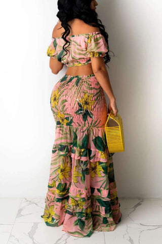 Fashion Sexy Flower Print Fold Skirt Set