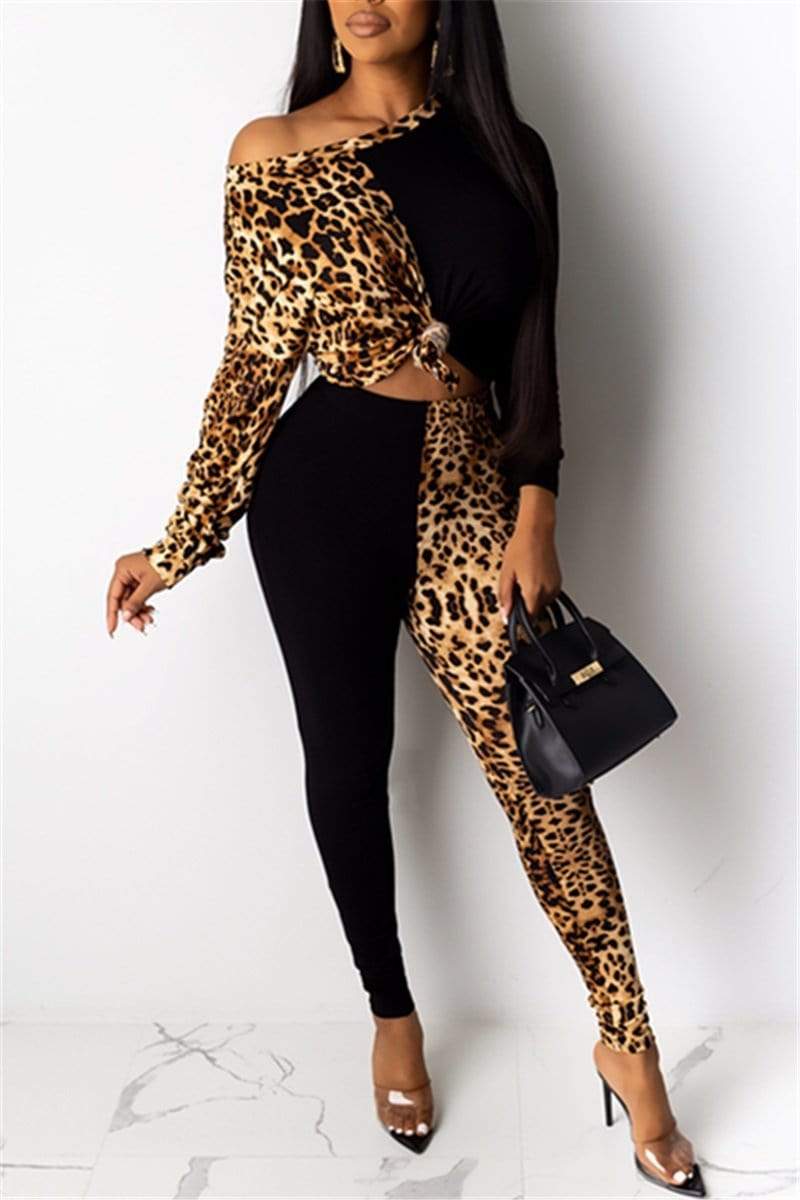 Fashion Sexy Leopard Stitching Two-Piece
