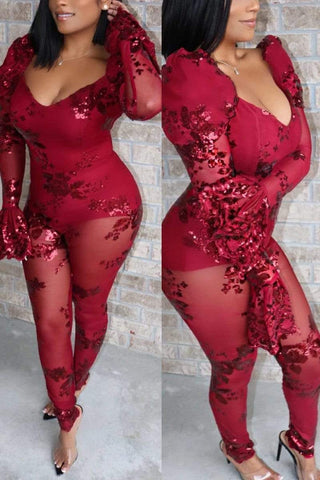 Fashion Sexy Mesh Beaded Jumpsuit