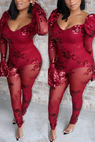 Fashion Sexy Mesh Beaded Jumpsuit