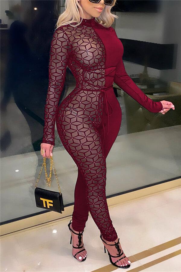 Fashion Sexy See-through Turtleneck Skinny Jumpsuit