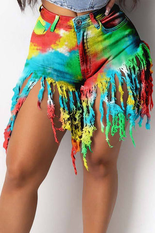 Fashion Sexy Tassel Tie-dye Denim Shorts