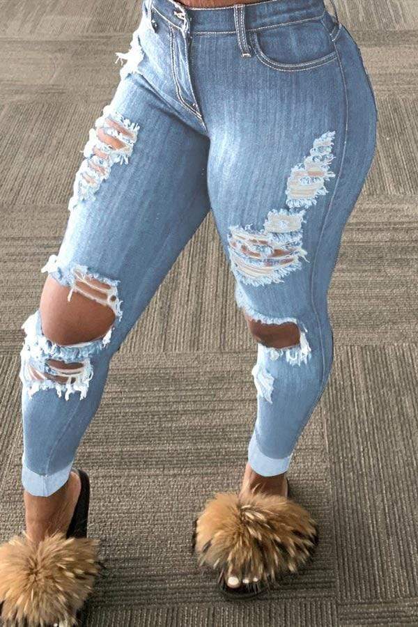 Fashion Skinny Holes Mid Waist Jeans