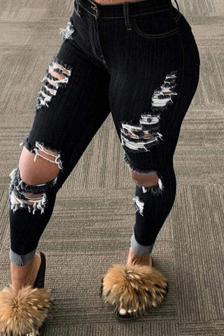 Fashion Skinny Holes Mid Waist Jeans