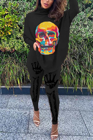 Fashion Skull Print Bat Sleeve Top Set